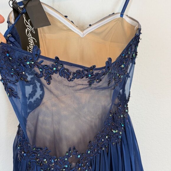 La Femme Formal Gown Cocktail Dress Blue Lace Hi Low Mesh Y2K Back Strapless 6 - Picture 9 of 15
